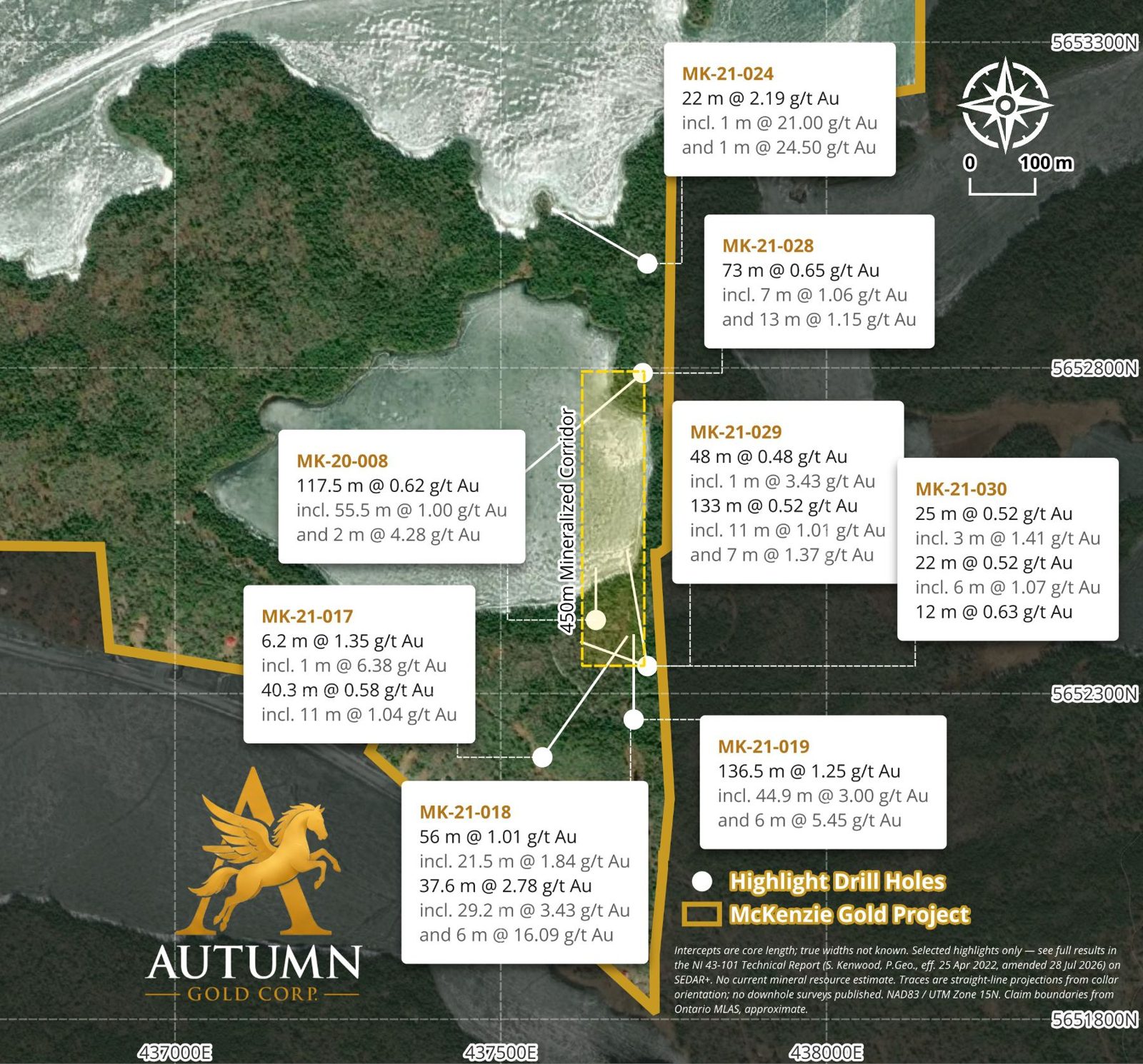 Map of highlight drill holes on the McKenzie Gold Project